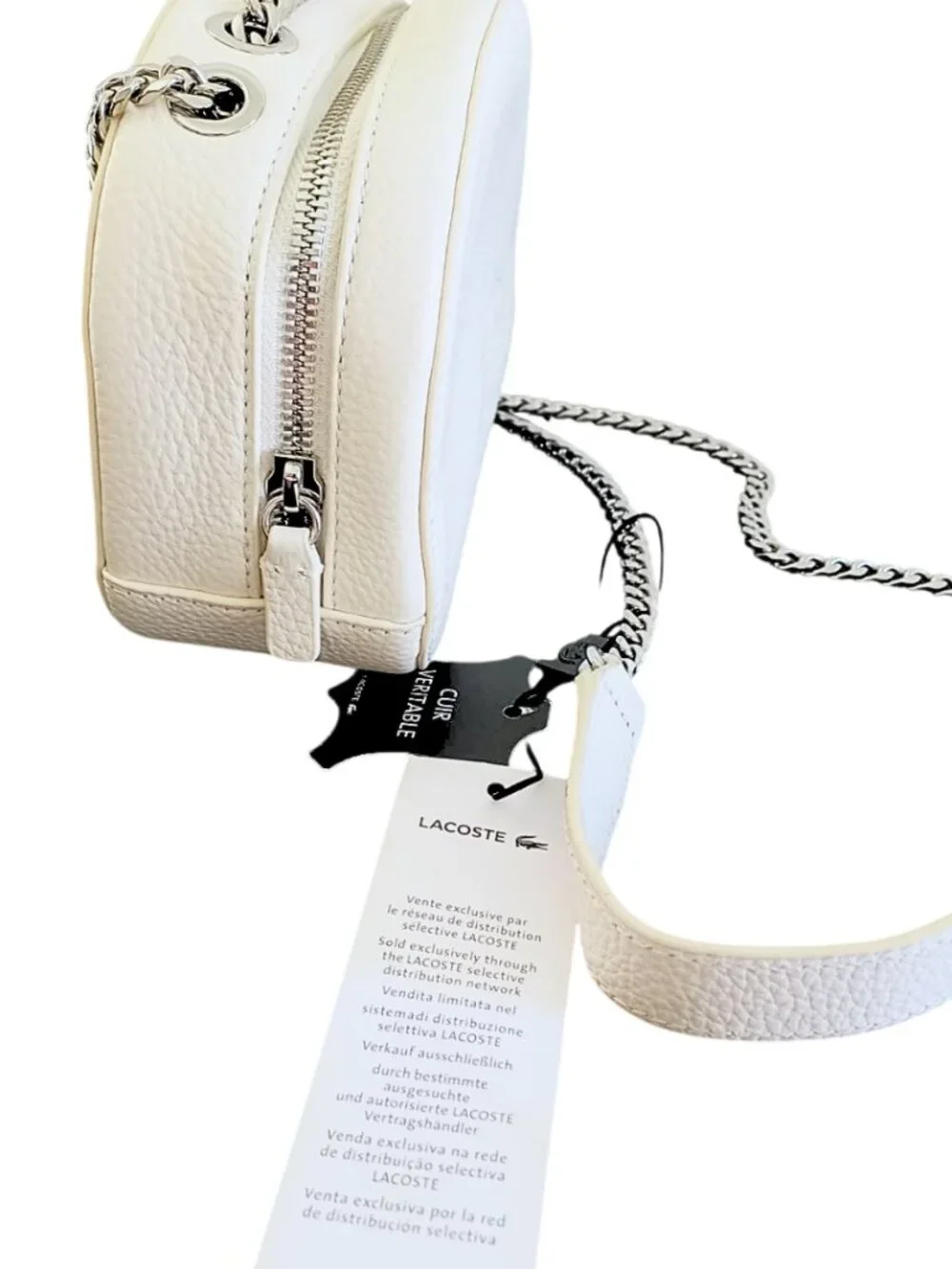 Lacoste NWT White Croco Crew Grained Leather Zip Crossbody Bag - Silver Chain - Picture 4 of 15